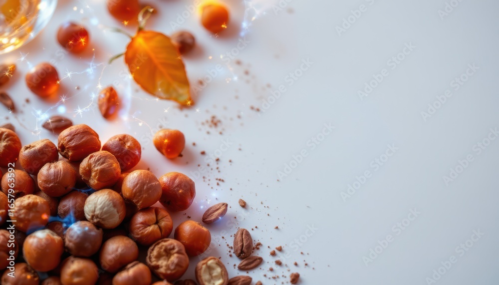 Obraz premium vividly depict a bunch of hazelnuts and nuts glowing under electric brilliance on the left side, leaving ample white space on the right for copy text