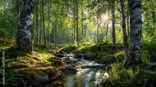 Fototapeta Naklejka Na Ścianę i Meble -  Serene forest stream bathed in golden sunlight, with vibrant green foliage and birch trees