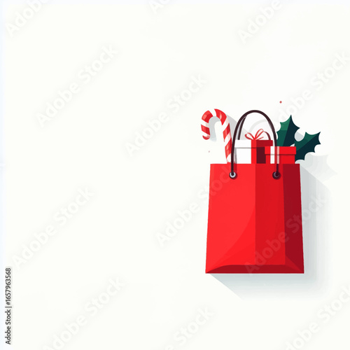 Festive Red Shopping Bag with Christmas Candy Cane and Gifts