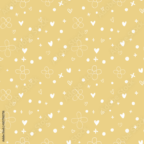 Seamless floral pattern. Abstract nature pattern in beautiful botanical style: hand drawn white flowers, small leaves on yellow background.