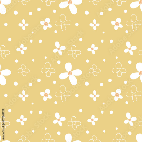 Seamless floral pattern. Abstract nature pattern in beautiful botanical style: hand drawn white flowers, small leaves on yellow background.