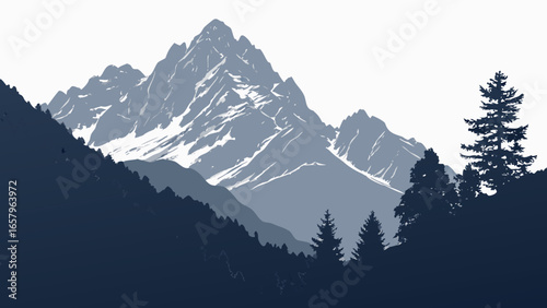 A stylized, cool-toned illustration depicts layered mountain ranges against a bright sky.
