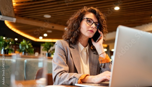 Business meeting action coffee shop location professional woman subject urban environment focused viewpoint