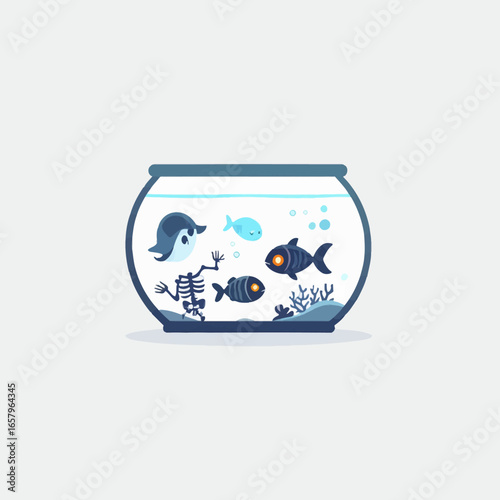Fish Tank with Skeletal Animals, Depicting Environmental Issues