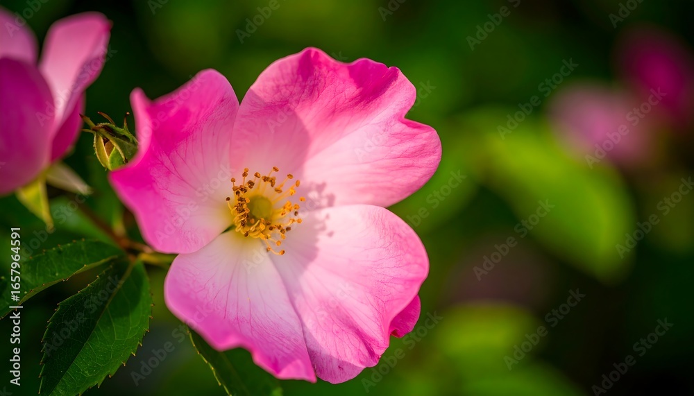 Naklejka premium Close-up of a vibrant pink wild rose, showcasing delicate petals and a central cluster of golden stamens, bathed in sunlight against a blurred background of lush greenery.