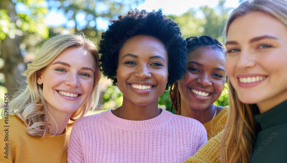 Fototapeta premium Harmonious Faces of Friendship: A radiant gathering of women, each displaying genuine smiles, captures the essence of joy, camaraderie, and the beauty of friendship.