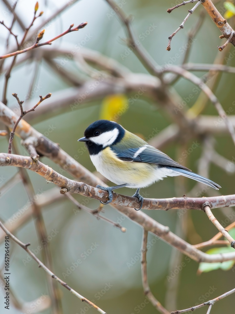 Naklejka premium Colorful great tit bird perched on branch natural habitat wildlife photography spring environment close-up view
