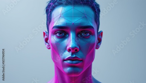 create a 3d geometric face design of a human head using a 3d grid model and face scanning technology