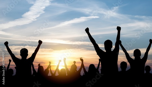Uplifted Collective: Silhouettes of figures with raised arms against a stunning sunset sky, embodying togetherness, triumph, and boundless aspiration. This image tells a story of shared victory.