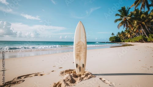Surfboard on Tropical Beach: A weathered surfboard stands upright on a pristine, sun-kissed beach, with gentle waves crashing in the distance, surrounded by palm trees under a clear, inviting sky.