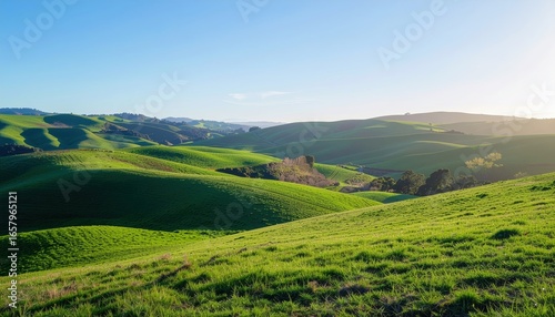 Rolling Green Hills: A vibrant display of undulating green hills stretching toward a clear blue sky, bathed in the warm embrace of sunlight. A picturesque landscape.