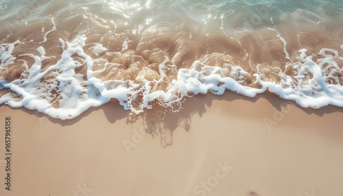 Ocean Wave on Sandy Beach: Soft ocean waves gently caress the sandy beach, creating a calming and serene seascape. The white foam delicately outlines the meeting point of the water and sand.