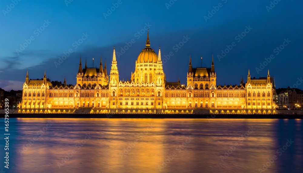 Naklejka premium Illuminated Budapest Parliament at dusk