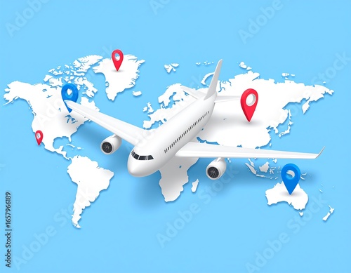 World map with airplane and destination markers