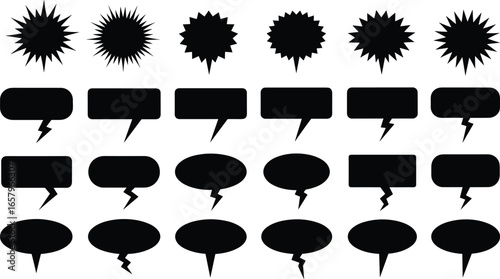 Black silhouette comic speech bubbles and starburst shapes for conversation, dialogue, captions, and graphic novel or cartoon design