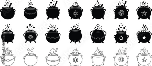 Cauldron silhouette set with 20 magical designs including steam, symbols, and inverted Halloween variations