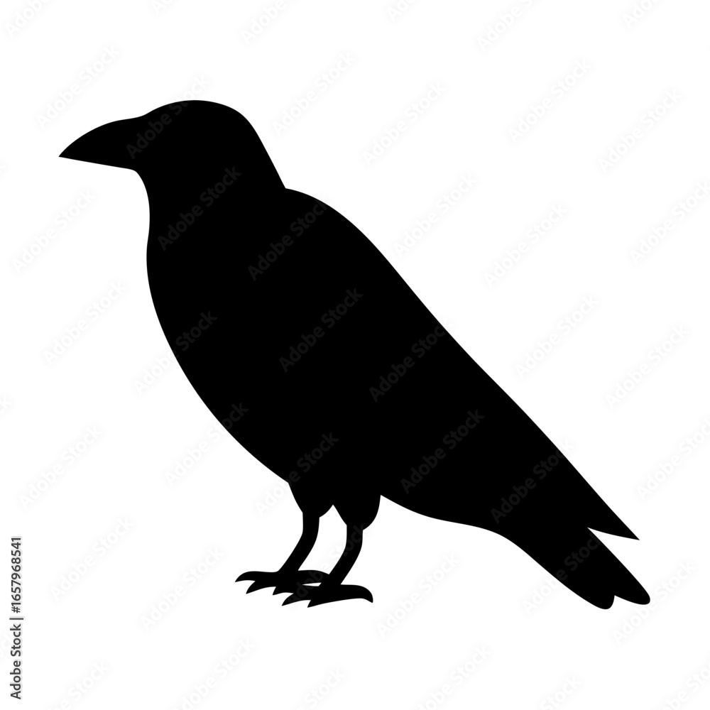 Fototapeta premium Black silhouette of a raven standing still in a cartoon style