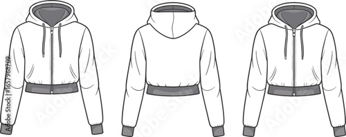 Cropped zip-up hoodie fashion flat sketch, front and back views, modern casual wear, streetwear style, technical drawing template