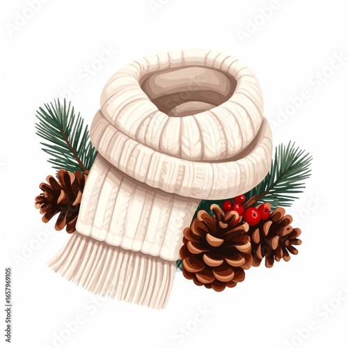 Knitted Cream Scarf with Pine Cones and Berries, Winter Decoration