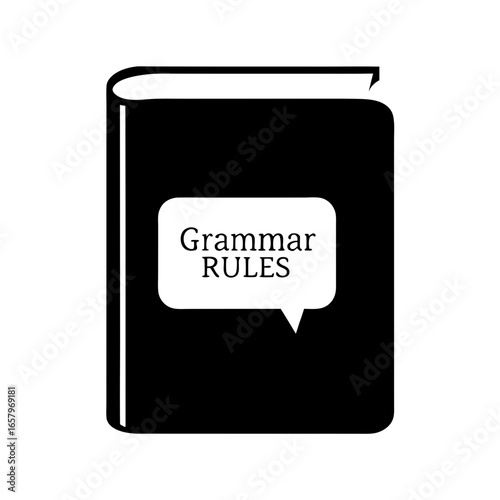 A minimalist graphic of a grammar rules book with white text