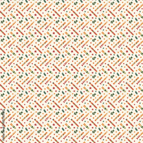 pattern featuring tiny floral motifs with leaves, scattered placement , zigzag stripe elements , cream background with earthy