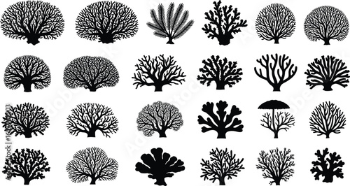 Coral silhouette icon set with 25 unique black marine shapes in bold vector reef style