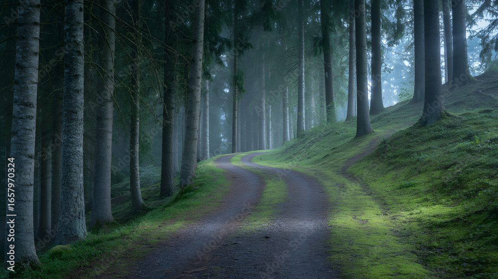 Fototapeta premium A winding dirt path through a dense misty evergreen forest