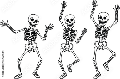 Dancing skeleton icon set with 3 black silhouettes in lively poses wearing shoes and expressive gestures
