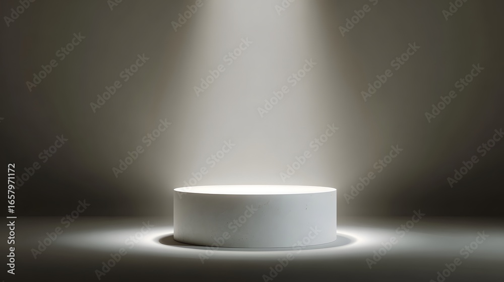 Fototapeta premium Illuminated white podium with dramatic lighting and shadows