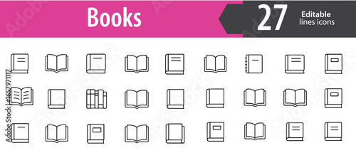 Books Line Icons Set, Reading, Library, Study, Education, Literature, Knowledge, Editable Formats: AI, EPS, JPG, PNG, Ideal for Both Digital and Print Use
