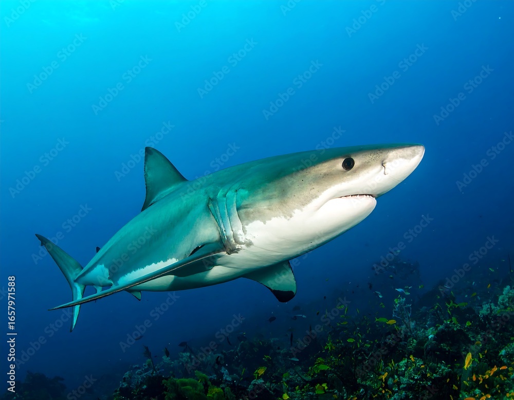 Fototapeta premium Shark swimming in blue water