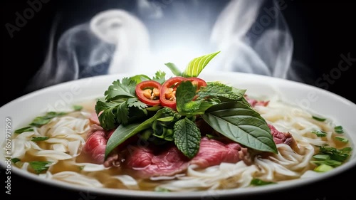 A steaming bowl of vietnamese pho with rich beef broth fragrant herbs and warm lighting