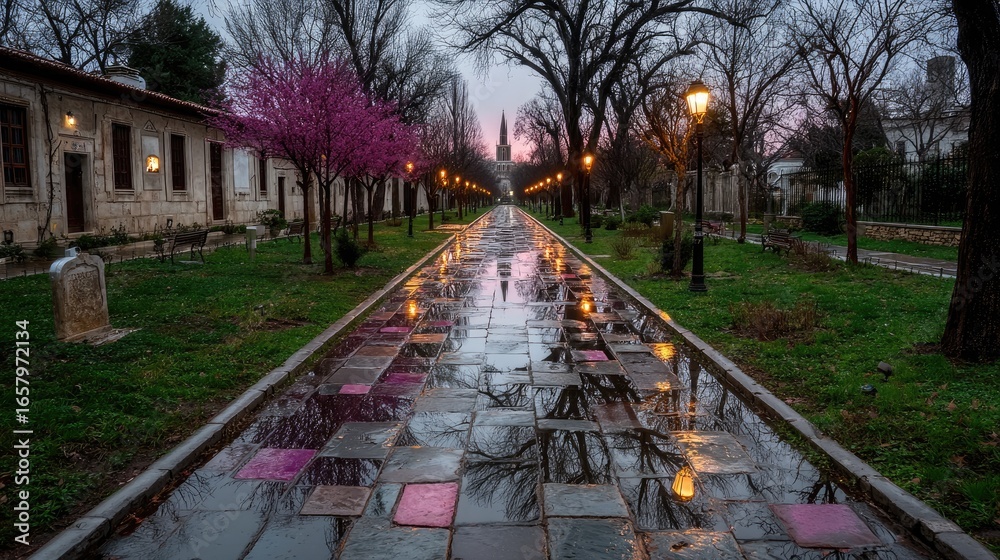 Fototapeta premium A paved walkway, lined with trees and buildings, reflects the soft light of street lamps in the puddles on a tranquil, early morning.