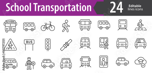 School Transportation Line Icons Set, School Bus, Shuttle, Carpool, Bicycle, Walking Route, Traffic Signs, Editable Formats: AI, EPS, JPG, PNG, Ideal for Both Digital and Print Use

