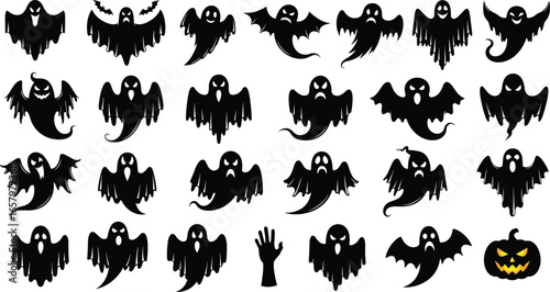 Halloween ghost silhouette set with 24 spooky figures, reaching hand, and jack-o'-lantern icon