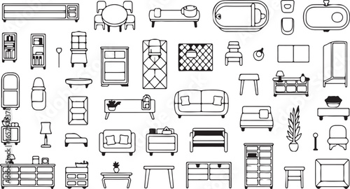 Extensive collection of outlined furniture elements for modern architectural interior design concepts and floor plans