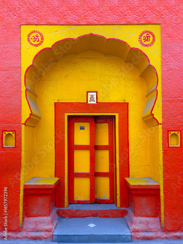 Abstract photo of an old building colourful door near Pandharpur, Maharashtra, India.