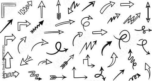 Hand-drawn arrow set with curved, zigzag, looped, and decorative styles for diagrams and graphic design
