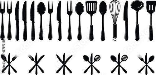 Kitchen utensil silhouette set with forks, spoons, knives, whisk, spatulas in crossed and upright styles