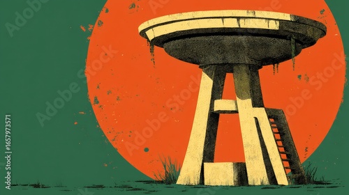 A stylized illustration of a weathered, elevated structure with a large, saucer-shaped top, set against a backdrop of a vibrant sunset-like orange circle and a muted green-teal color.