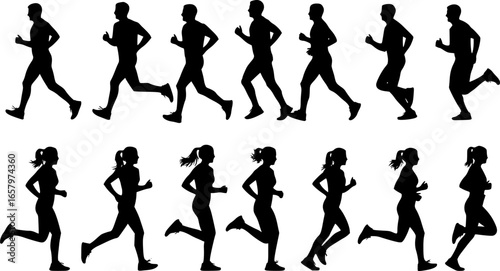 Running men and women, isolated vector silhouettes. Run, side view. Silhouettes of athletic looking male and female runners running. Monochrome vector illustration. EPS version.
