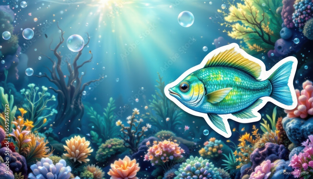 Naklejka premium create a watercolor sticker set depicting underwater life in a vibrant luminous green tone, place the subject on the right side of the image