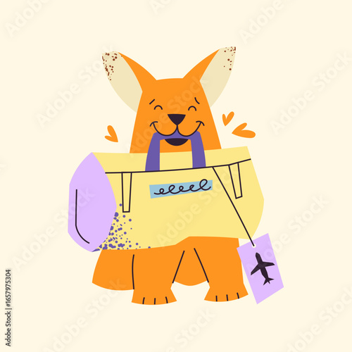 Dog with travel bag and airplane tag. Illustration for pet travel, vacation design, posters, stickers and children’s projects. Vector illustration