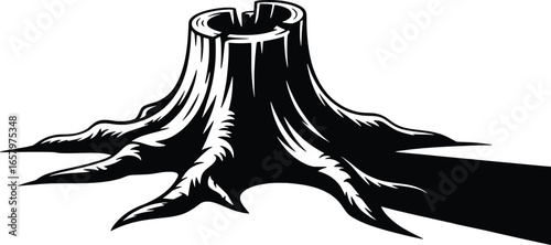 Dramatic black and white illustration of a jagged tree stump with spreading roots