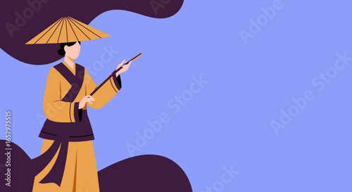 Illustration of a person in traditional Asian attire and a conical hat, holding a brush. Represents Asian culture, heritage, travel, and lifestyle.