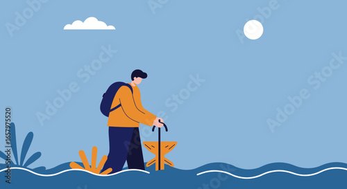 Illustrative man with backpack and stick stands near an anchor-like symbol in water, depicting journey, stability, and discovery for business or personal growth.