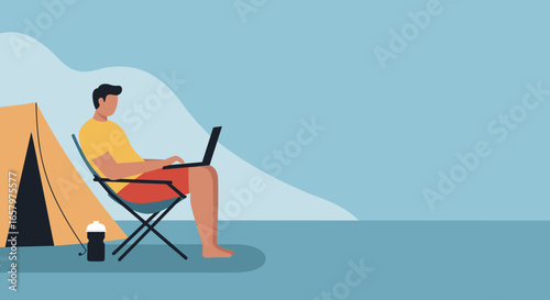 Man camping, working on a laptop outdoors. Represents remote work, digital nomad lifestyle, and achieving work-life balance during travel.
