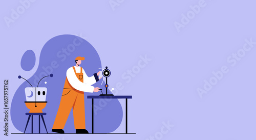 A male technician in overalls works diligently on a technological device at a table, representing innovation, repair, and future development in engineering.