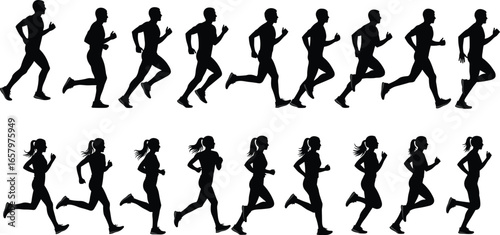 Running silhouettes collection of men and women jogging, sprinting, and exercising — athletic vector icons for sports and fitness designs
