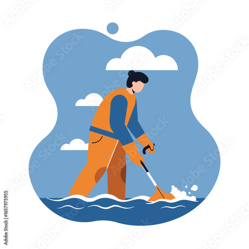 Person in protective waders and gloves cleaning water with a tool. Illustrates environmental cleanup, flood recovery, or community service.
